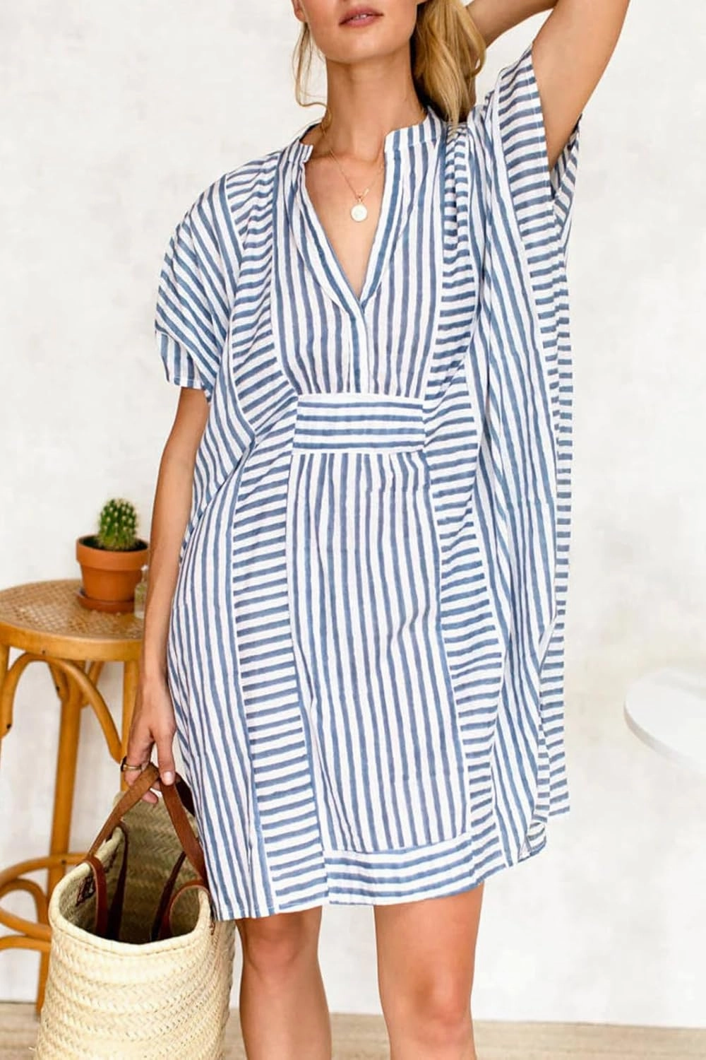 CHARTOU Women's Striped Beach Cover Up Dress Baggy Batwing Sleeve Short Sundress Tunic Shirt Dresses Summer