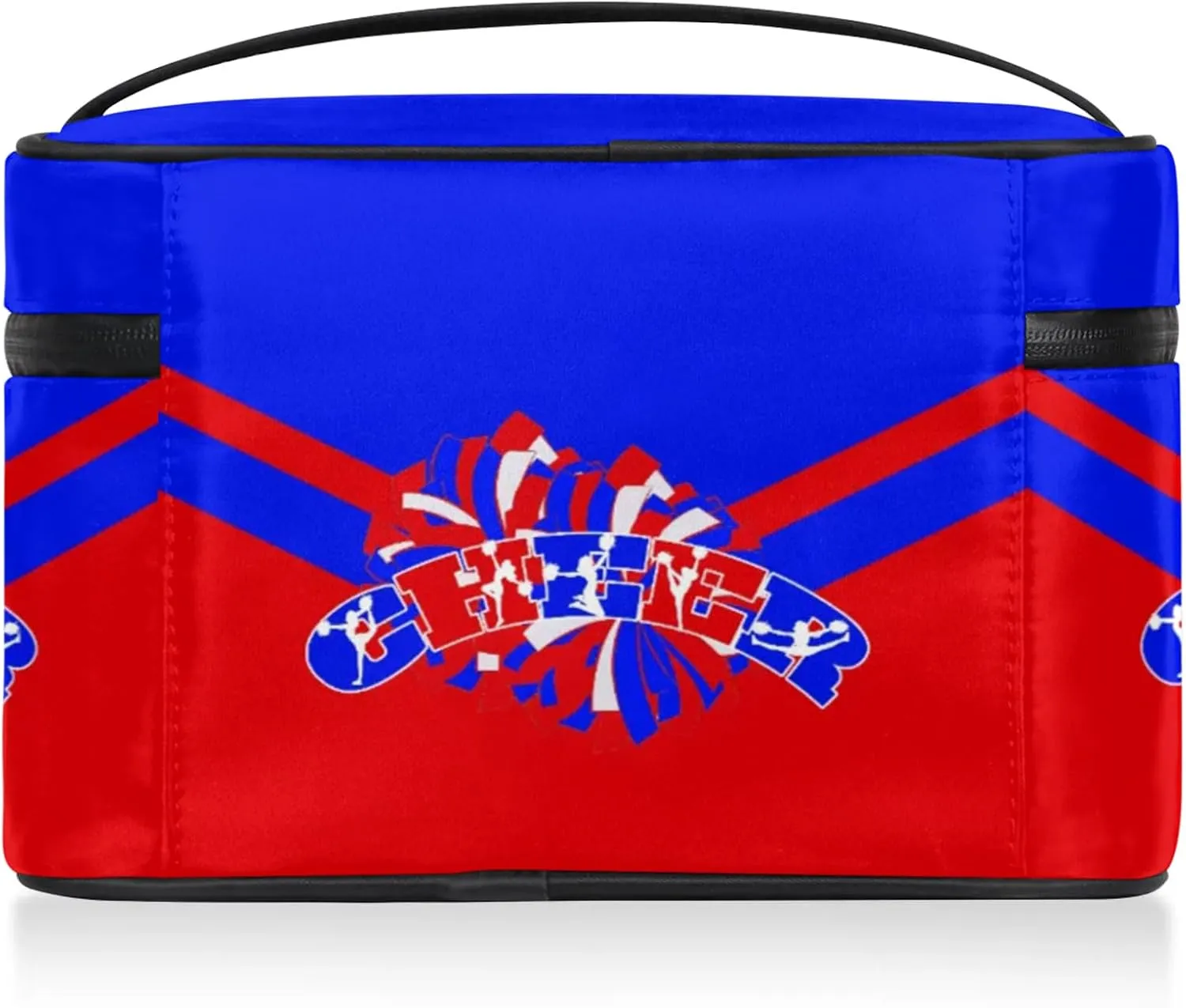 Cheer Custom Name Makeup Bag Personalized Large Cosmetic Case Portable Travel Make Up Organizer for Women Girls With Handle, Bright Blue Red