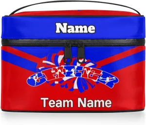Cheer Custom Name Makeup Bag Personalized Large Cosmetic Case Portable Travel Make Up Organizer for Women Girls With Handle, Bright Blue Red
