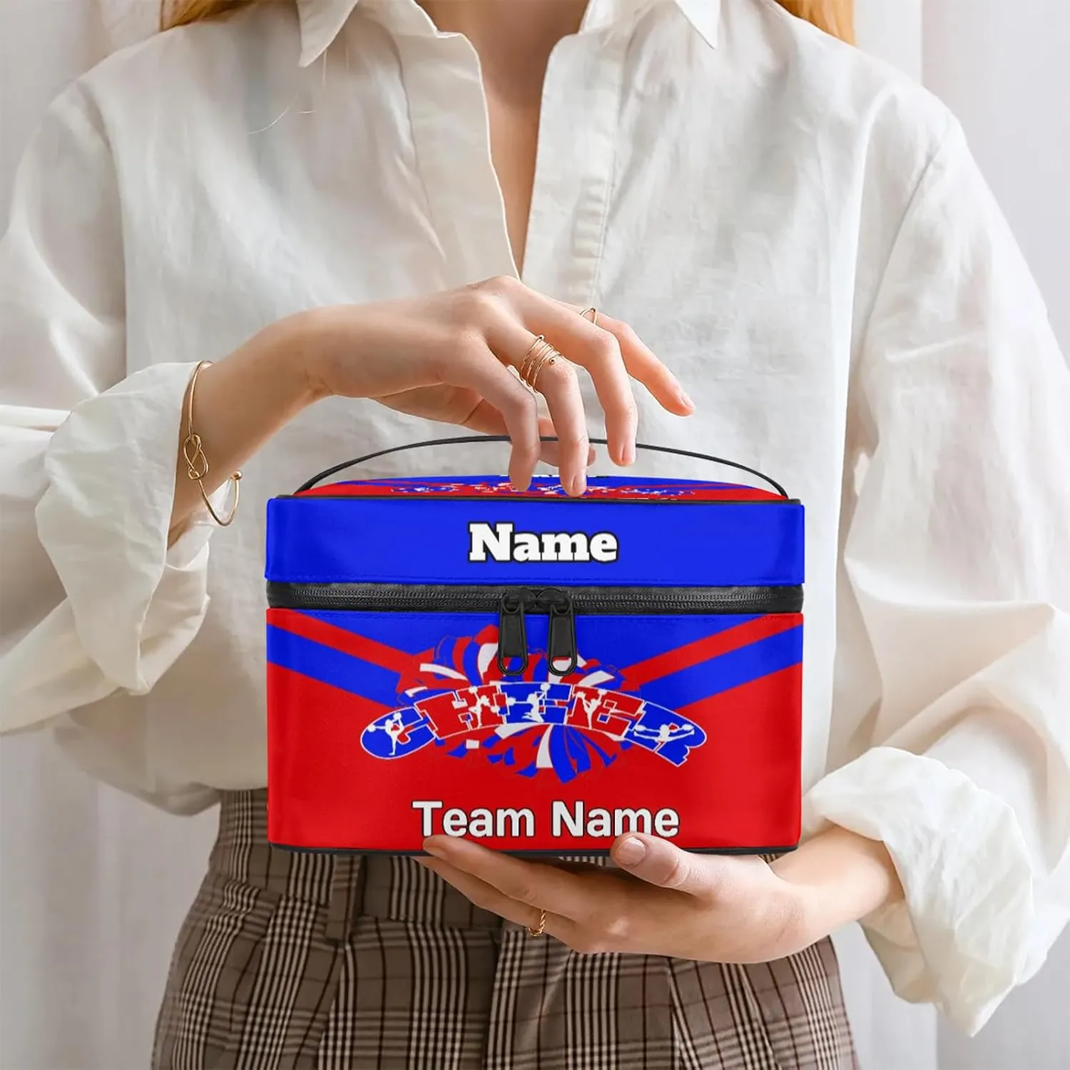 Cheer Custom Name Makeup Bag Personalized Large Cosmetic Case Portable Travel Make Up Organizer for Women Girls With Handle, Bright Blue Red