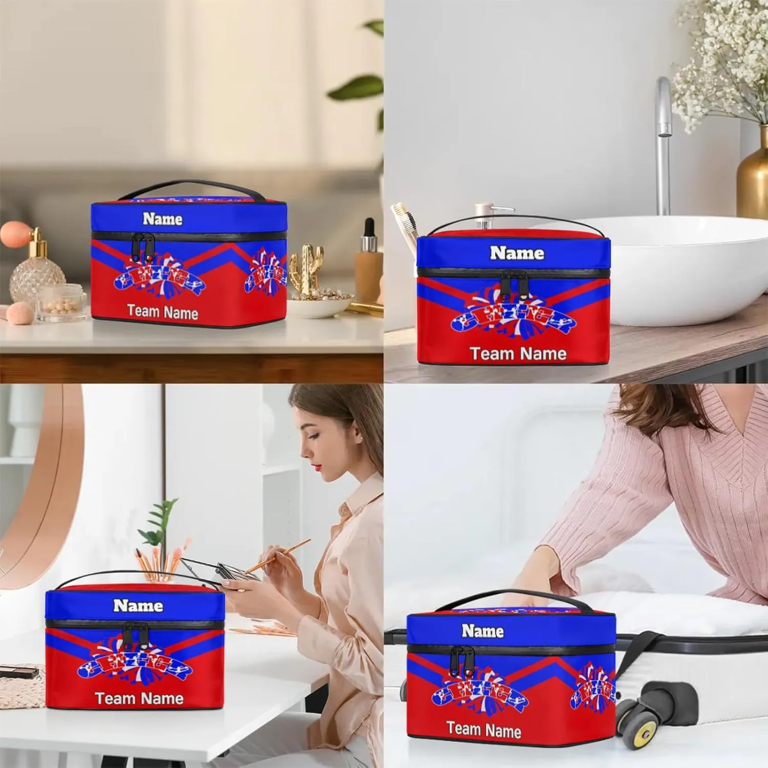 Cheer Custom Name Makeup Bag Personalized Large Cosmetic Case Portable Travel Make Up Organizer for Women Girls With Handle, Bright Blue Red