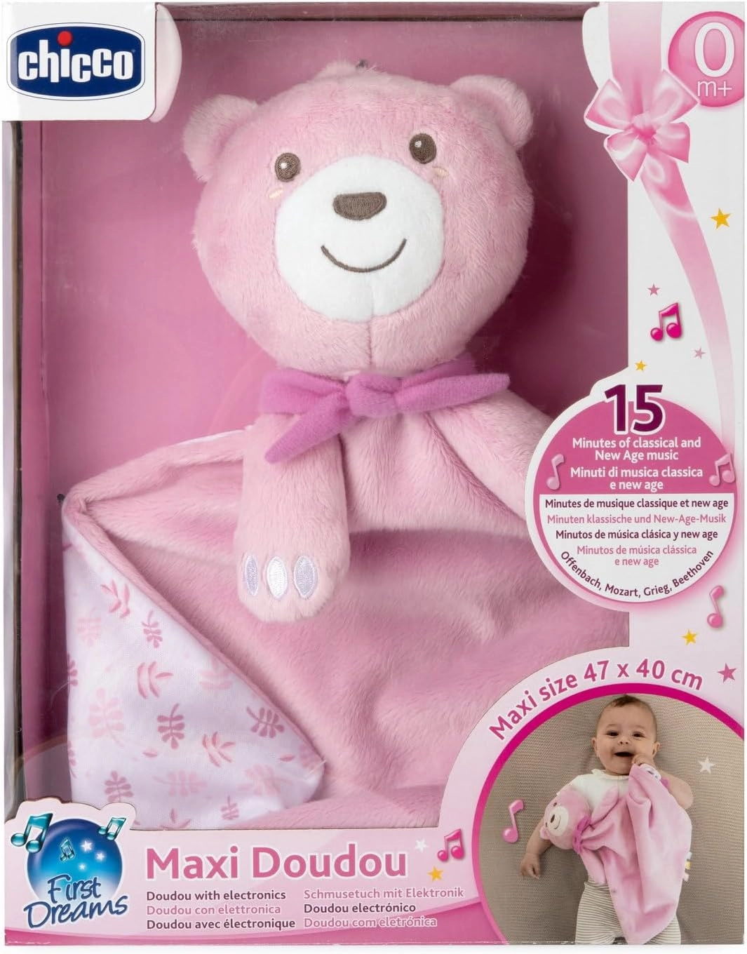 Chicco Maxi Cuddly Teddy Bear Toy, Soft Velvet Puppet with Classical Music and New Age, Baby Plush, Soft to Hug, Machine Washable, 0  Months, Pink