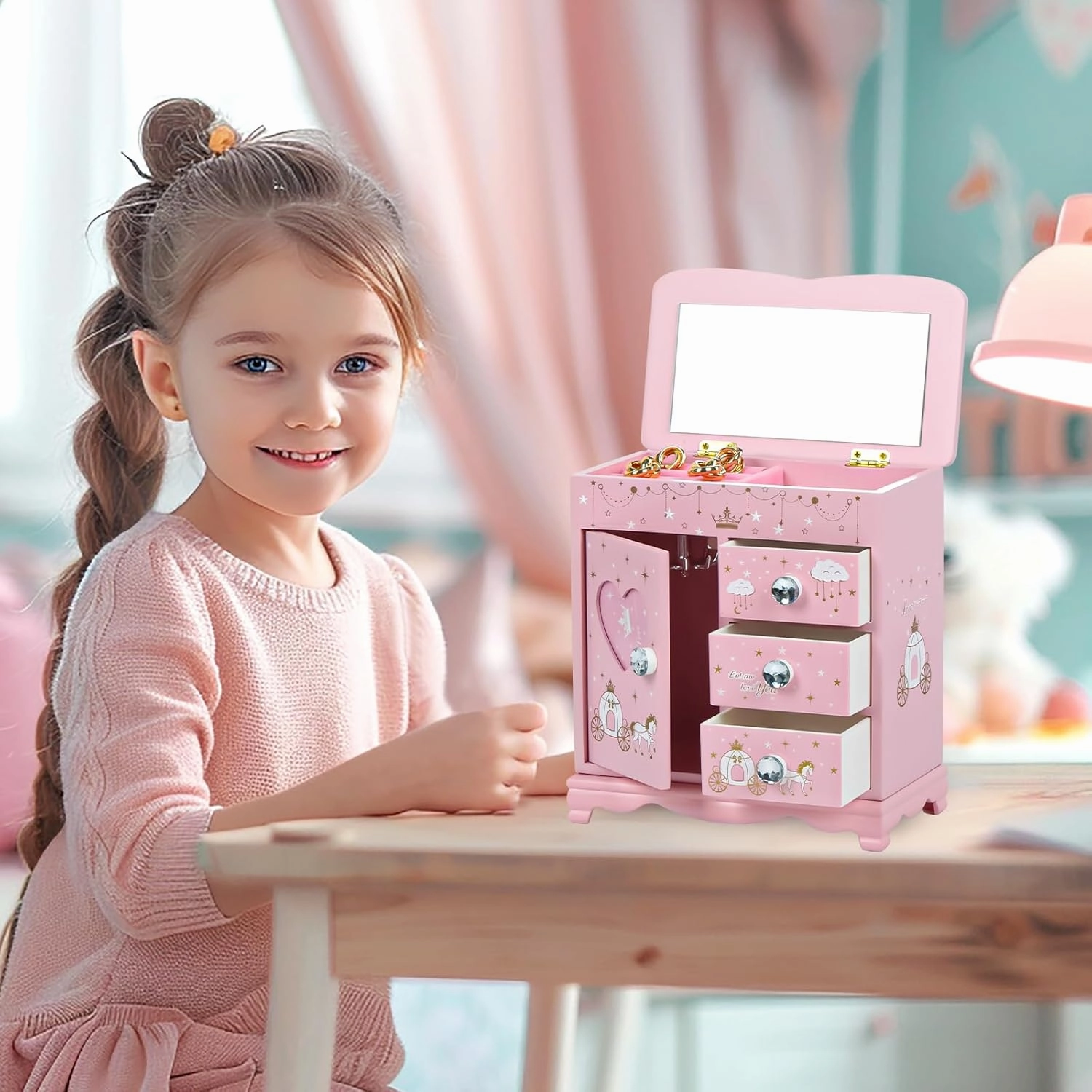 Children jewelry box for girls Pink Princess Castle girls jewelry box Little girl birthday christmas Gift kids jewelry box, A pink3