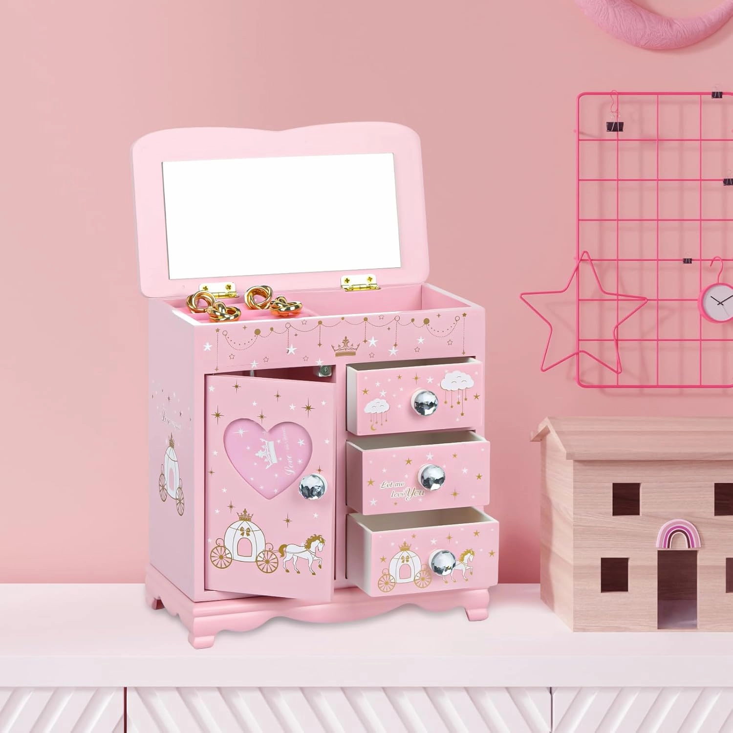 Children jewelry box for girls Pink Princess Castle girls jewelry box Little girl birthday christmas Gift kids jewelry box, A pink3