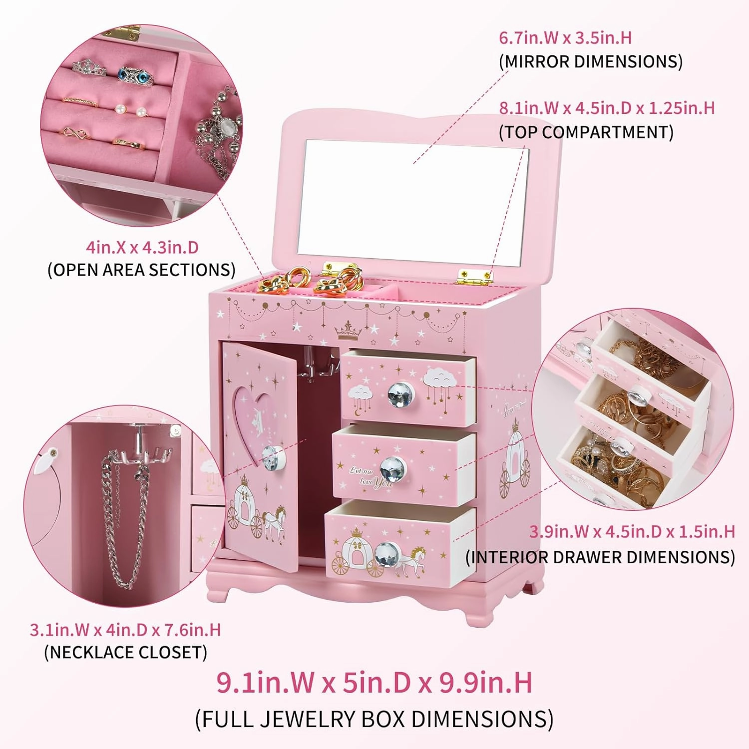 Children jewelry box for girls Pink Princess Castle girls jewelry box Little girl birthday christmas Gift kids jewelry box, A pink3