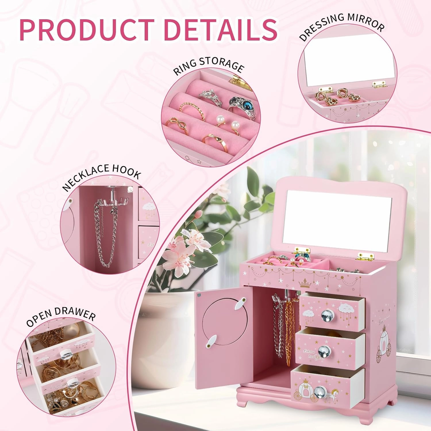Children jewelry box for girls Pink Princess Castle girls jewelry box Little girl birthday christmas Gift kids jewelry box, A pink3