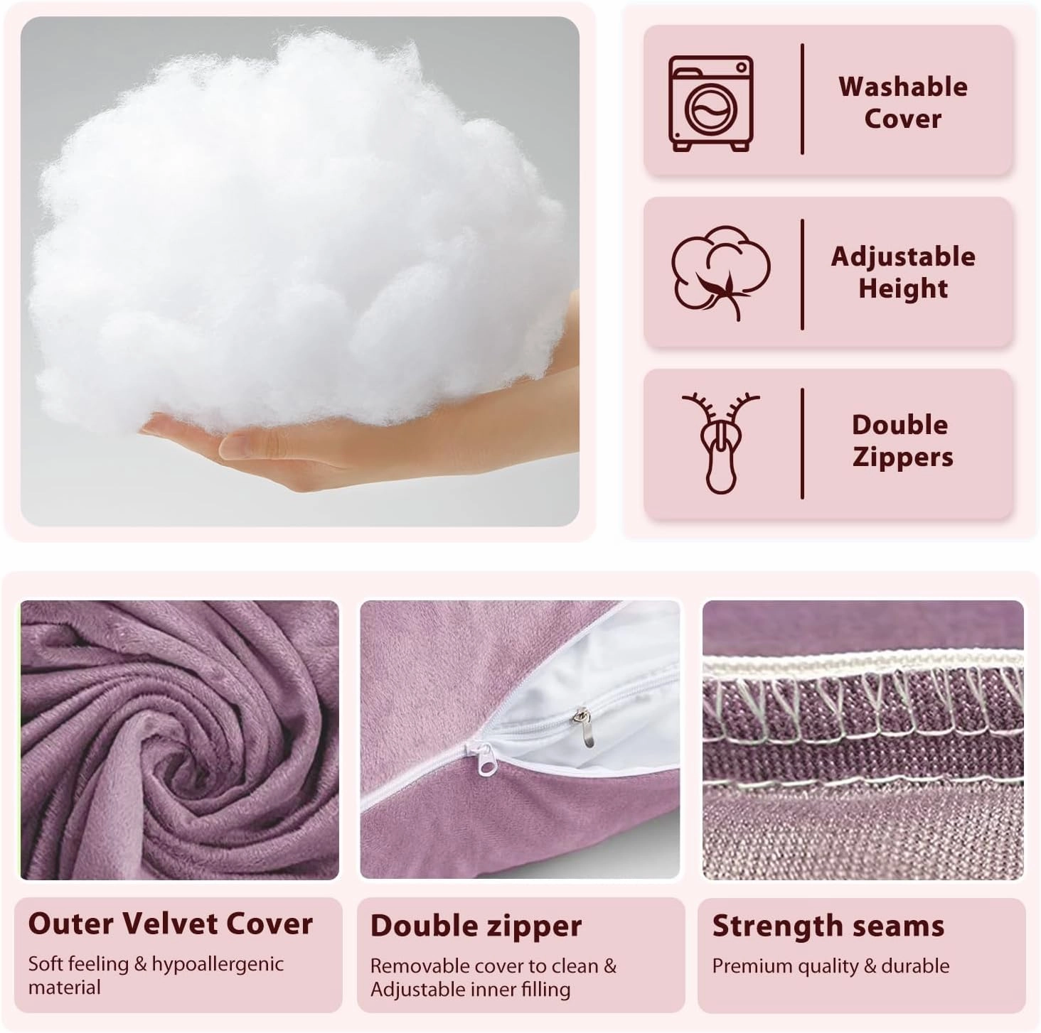 Chilling Home Pregnancy Pillow, U Shape Pregnancy Pillows for Sleeping, 55in Body Pillow for Sleeping, Body Pillows for Adults, Maternity Pillow, Velvet Removable Cover, Pink