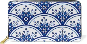 Chinese Floral Porcelain Watercolor Blue and White Ceramic Leather Long Wallet Organizer with Zipper Purse Clutch Bag for Women Men
