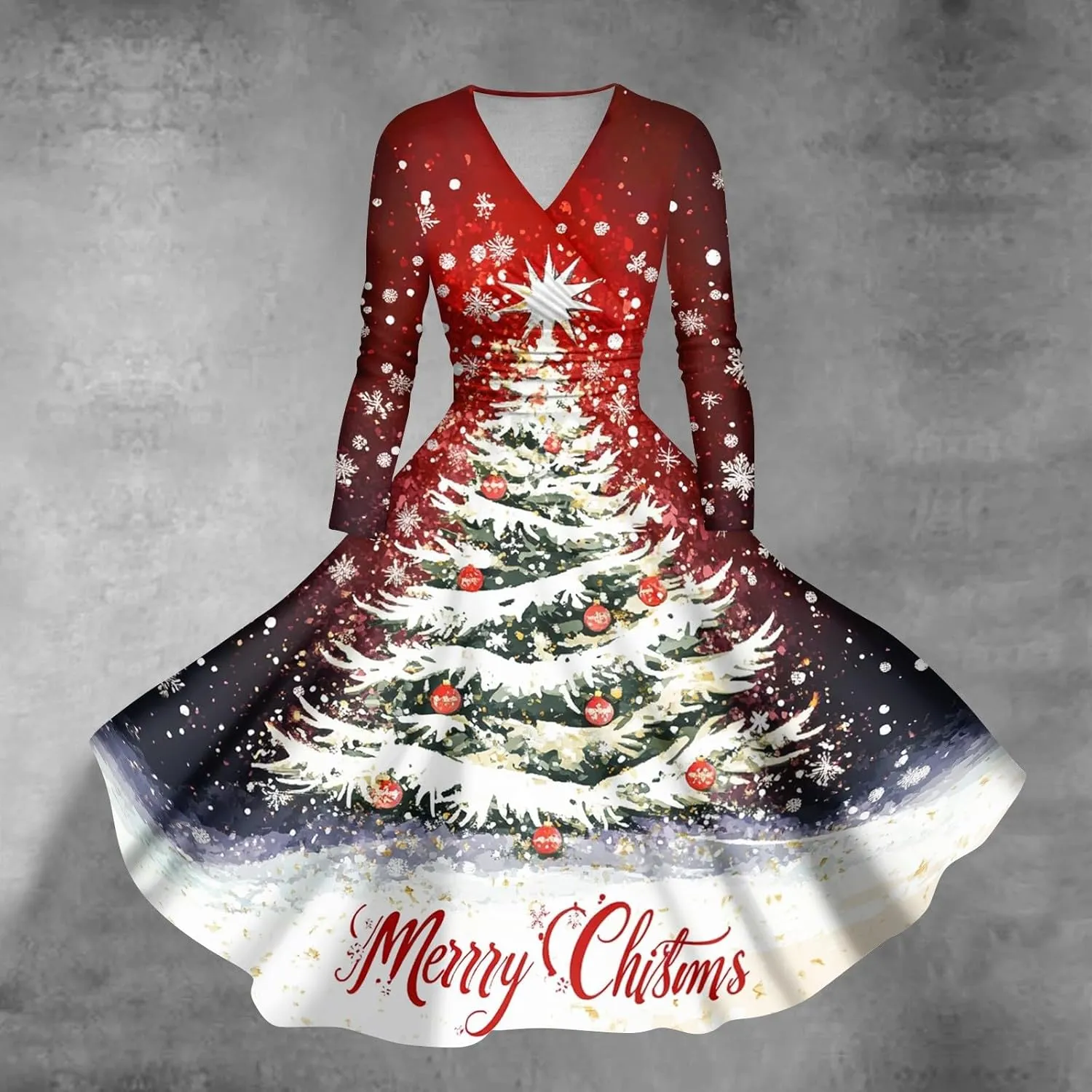 Christmas Dresses for Women 2024 Casual Christmas Letter Print Elegant Dress Long Sleeve V Neck Sexy Party Dress