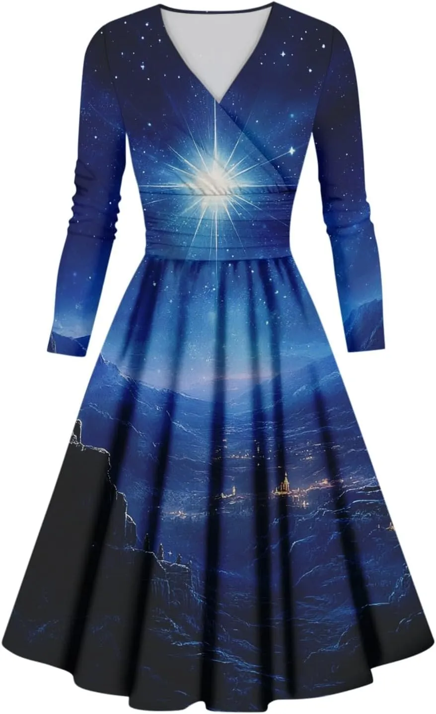 Christmas Dresses for Women 2024 Casual Christmas Letter Print Elegant Dress Long Sleeve V Neck Sexy Party Dress