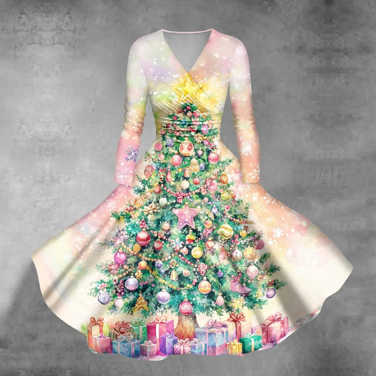 Christmas Dresses for Women 2024 Casual Christmas Letter Print Elegant Dress Long Sleeve V Neck Sexy Party Dress