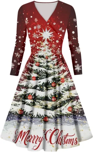 Christmas Dresses for Women 2024 Casual Christmas Letter Print Elegant Dress Long Sleeve V Neck Sexy Party Dress