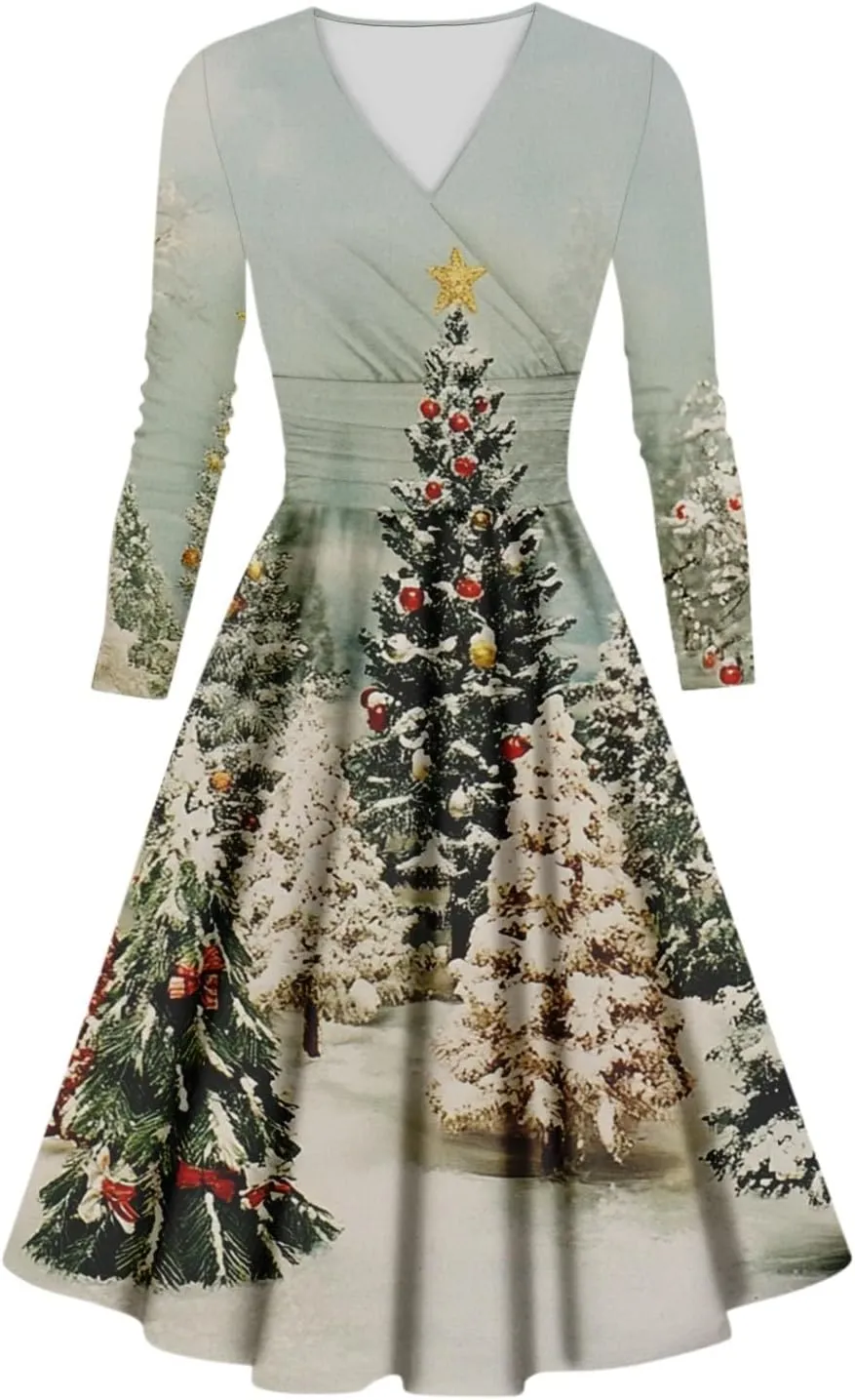 Christmas Dresses for Women 2024 Casual Christmas Letter Print Elegant Dress Long Sleeve V Neck Sexy Party Dress