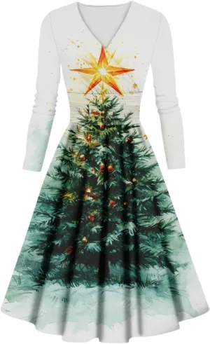 Christmas Dresses for Women 2024 Casual Christmas Letter Print Elegant Dress Long Sleeve V Neck Sexy Party Dress