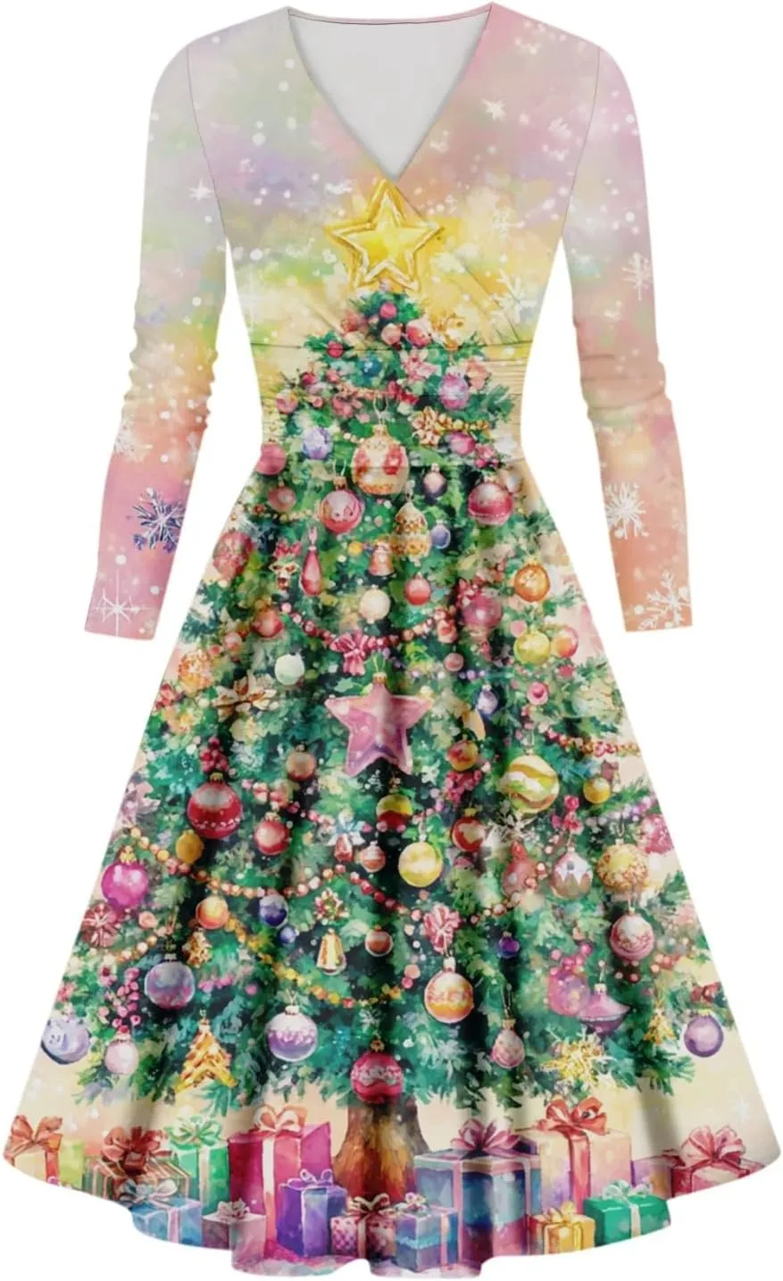 Christmas Dresses for Women 2024 Casual Christmas Letter Print Elegant Dress Long Sleeve V Neck Sexy Party Dress
