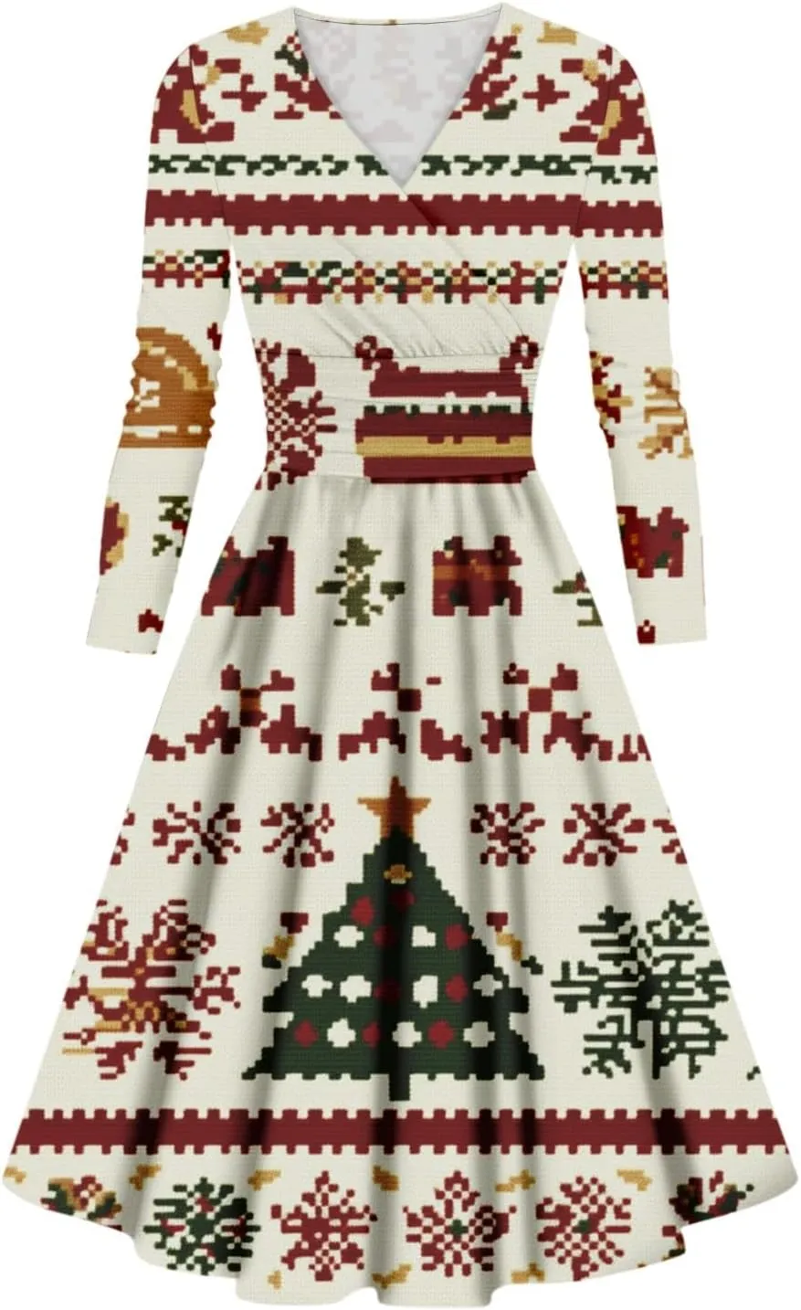 Christmas Dresses for Women 2024 Casual Christmas Letter Print Elegant Dress Long Sleeve V Neck Sexy Party Dress