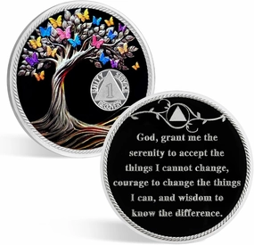 CHURYUML 1 Month Sobriety Coin 30 Day Sobriety Chip Tree of Life AA Recovery Medallions One Month Sobriety Gifts for Men Women Sober Token Alcoholics Anonymous Gift with Capsule, Display & Card