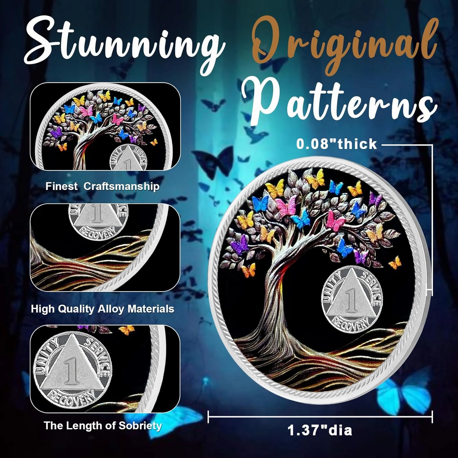 CHURYUML 1 Month Sobriety Coin 30 Day Sobriety Chip Tree of Life AA Recovery Medallions One Month Sobriety Gifts for Men Women Sober Token Alcoholics Anonymous Gift with Capsule, Display & Card