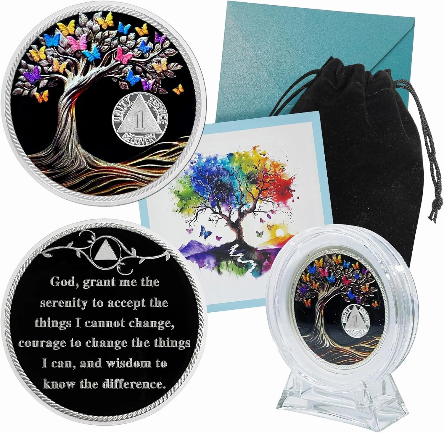 CHURYUML 1 Month Sobriety Coin 30 Day Sobriety Chip Tree of Life AA Recovery Medallions One Month Sobriety Gifts for Men Women Sober Token Alcoholics Anonymous Gift with Capsule, Display & Card