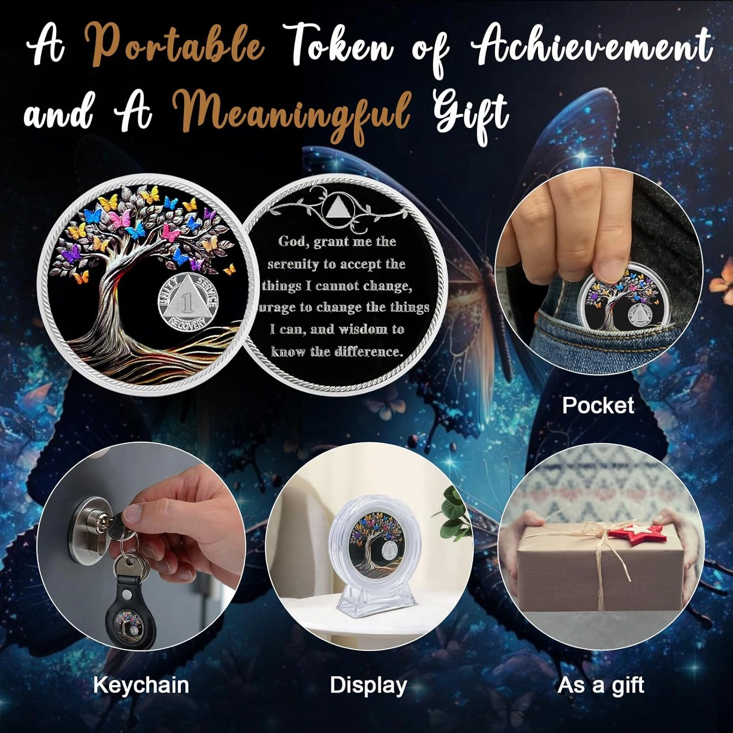 CHURYUML 1 Month Sobriety Coin 30 Day Sobriety Chip Tree of Life AA Recovery Medallions One Month Sobriety Gifts for Men Women Sober Token Alcoholics Anonymous Gift with Capsule, Display & Card