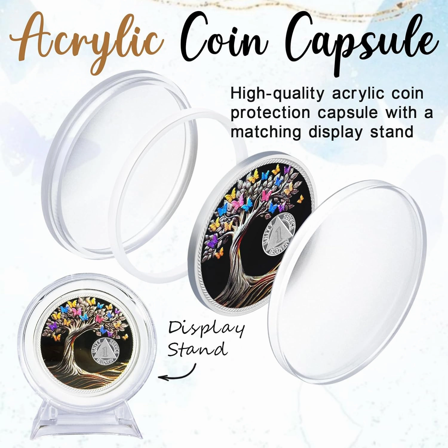 CHURYUML 1 Month Sobriety Coin 30 Day Sobriety Chip Tree of Life AA Recovery Medallions One Month Sobriety Gifts for Men Women Sober Token Alcoholics Anonymous Gift with Capsule, Display & Card