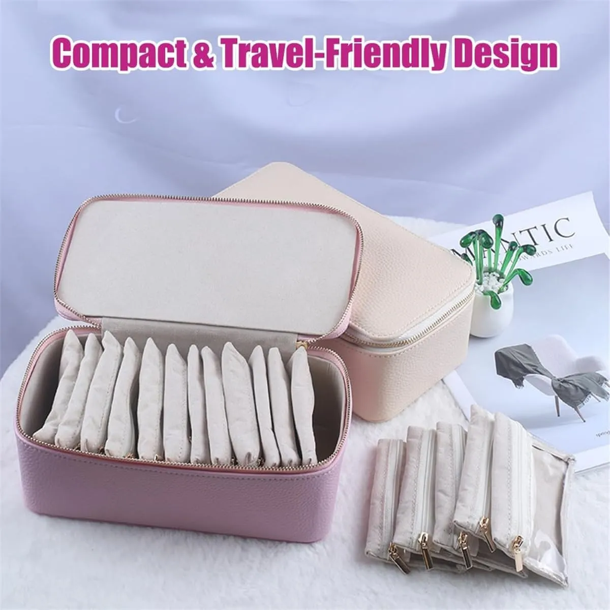 Circulatne Travel Jewelry Box with Small Pouches, Portable PU Leather Jewelry Organizer Box with 12 Velvet Pouches for Girls Womens Earring, Necklace, Rings, Bracelets (Yellow)