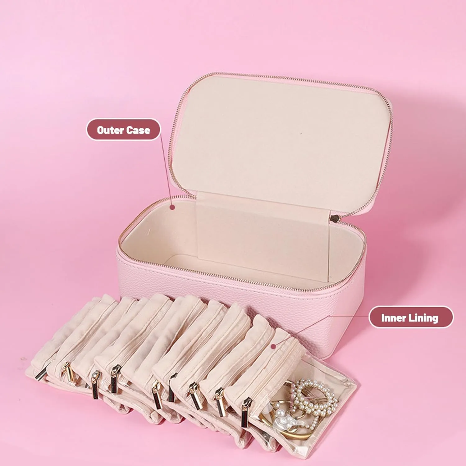 Circulatne Travel Jewelry Box with Small Pouches, Portable PU Leather Jewelry Organizer Box with 12 Velvet Zipped Bags, Waterproof Travel Case for Earring & Necklace (Pink)