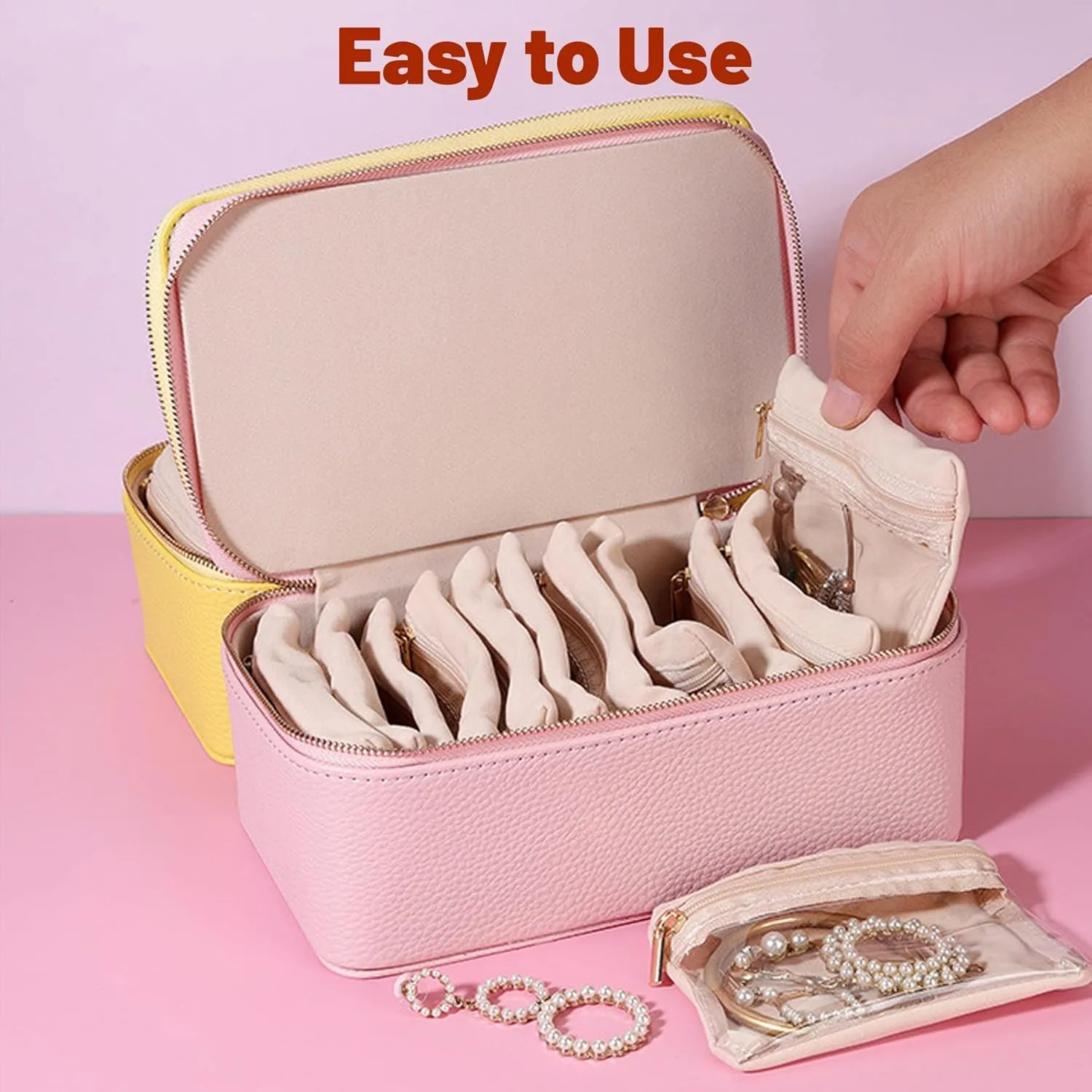 Circulatne Travel Jewelry Box with Small Pouches, Portable PU Leather Jewelry Organizer Box with 12 Velvet Zipped Bags, Waterproof Travel Case for Earring & Necklace (Pink)