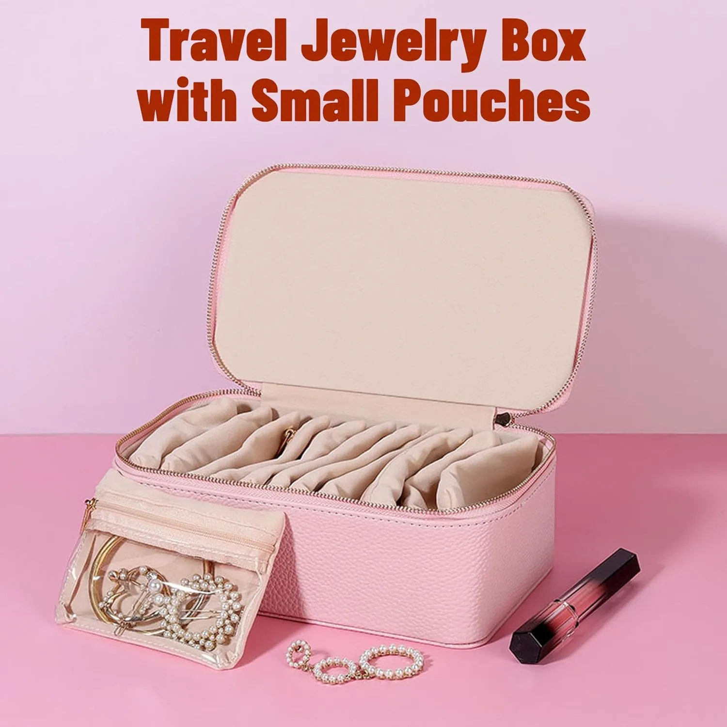 Circulatne Travel Jewelry Box with Small Pouches, Portable PU Leather Jewelry Organizer Box with 12 Velvet Zipped Bags, Waterproof Travel Case for Earring & Necklace (Pink)