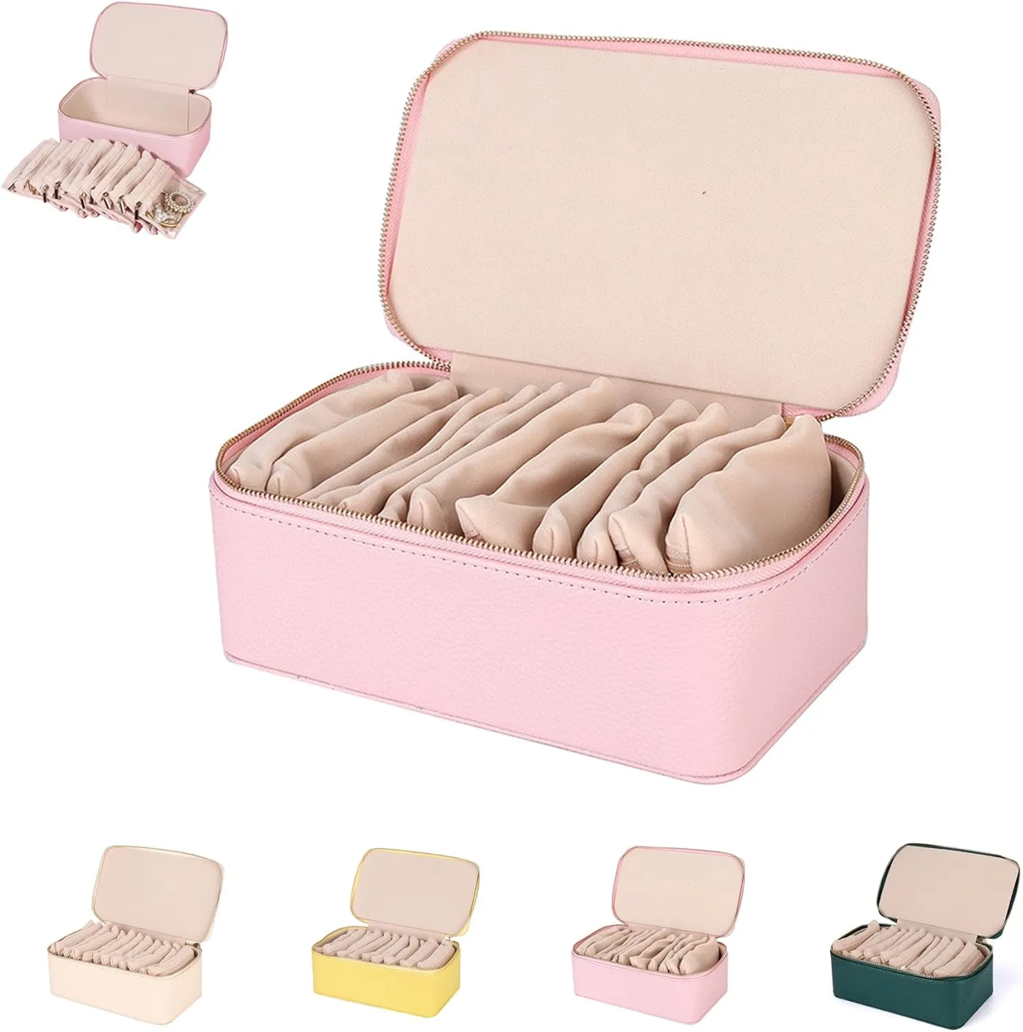 Circulatne Travel Jewelry Box with Small Pouches, Portable PU Leather Jewelry Organizer Box with 12 Velvet Zipped Bags, Waterproof Travel Case for Earring & Necklace (Pink)