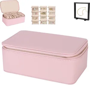 Circulatne Travel Jewelry Box with Small Pouches, Portable PU Leather Travel Jewelry Box with Small Pouches, Rings, Earrings, Necklaces Keeper with 12 Velvet Pouches (Large Pink)