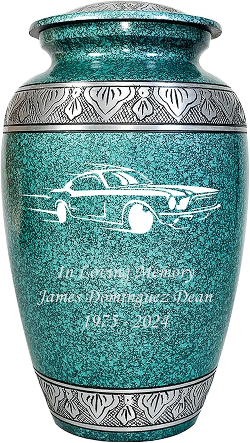 Classic Cars Cremation Urn for Human Ashes in Multiple Colors and Styles, Personalized Funeral Urn with Velvet Bag (Bluish Green)