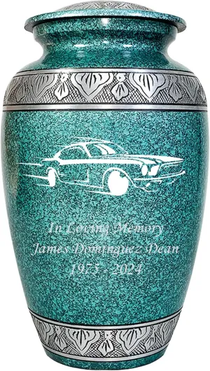 Classic Cars Cremation Urn for Human Ashes in Multiple Colors and Styles, Personalized Funeral Urn with Velvet Bag (Bluish Green)