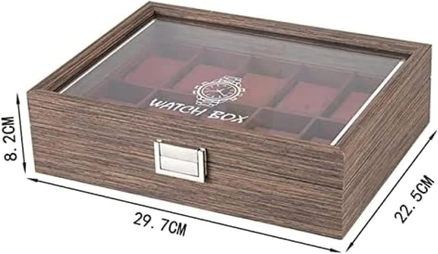 =Classic Vintage Wood 10 Grids Watch Jewelry Display Storage Box Organizer Clear Lid Jewellery Holder,B,29.7 X 22.5 X 8.2cm