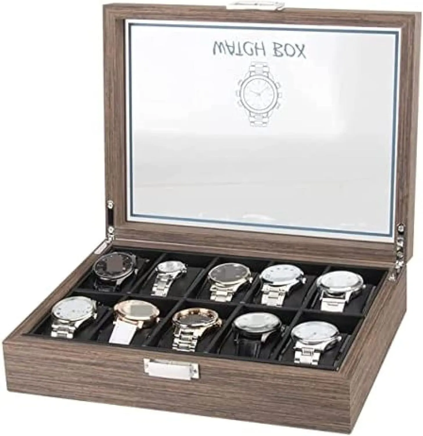 =Classic Vintage Wood 10 Grids Watch Jewelry Display Storage Box Organizer Clear Lid Jewellery Holder,B,29.7 X 22.5 X 8.2cm