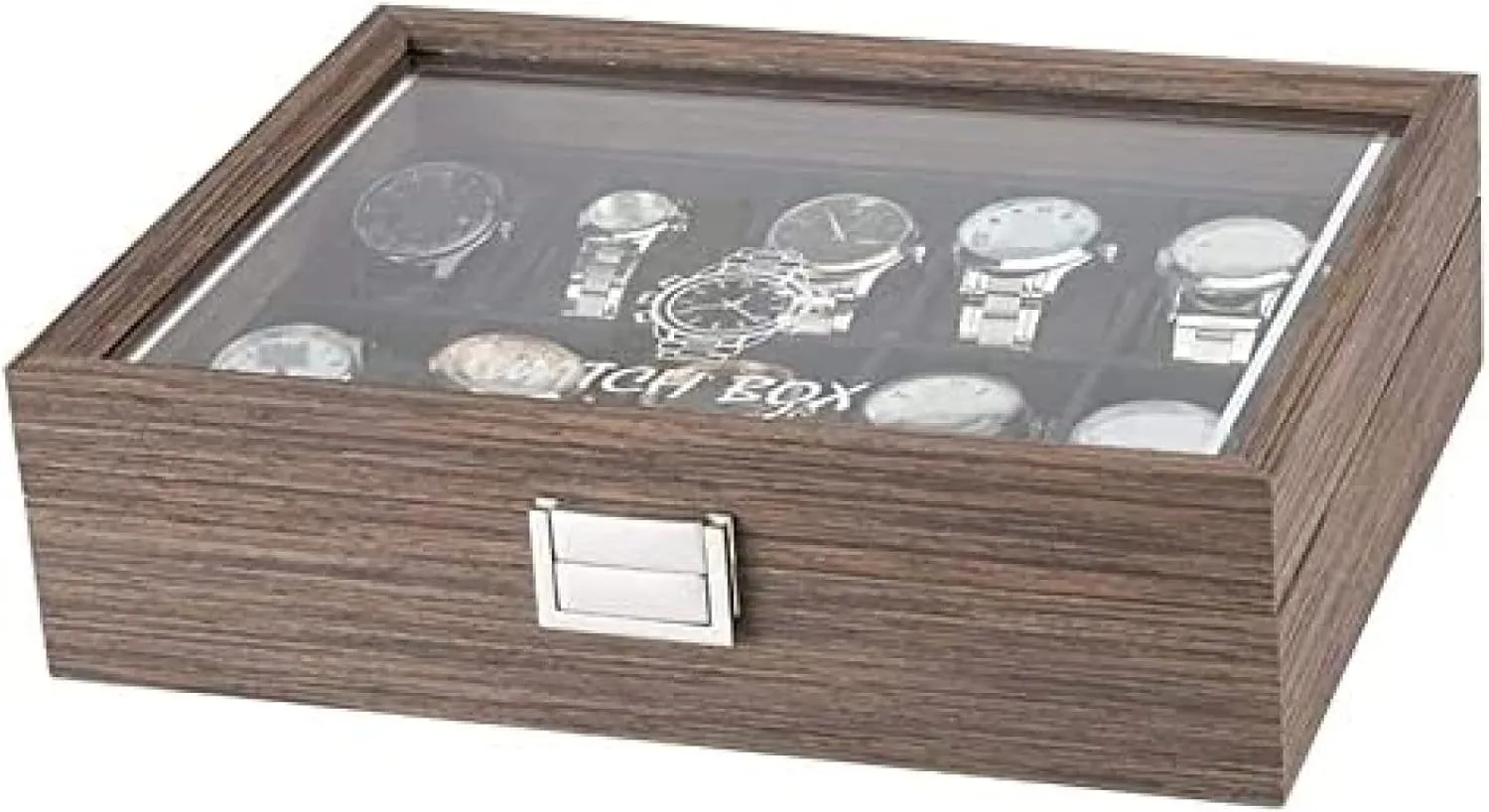=Classic Vintage Wood 10 Grids Watch Jewelry Display Storage Box Organizer Clear Lid Jewellery Holder,B,29.7 X 22.5 X 8.2cm