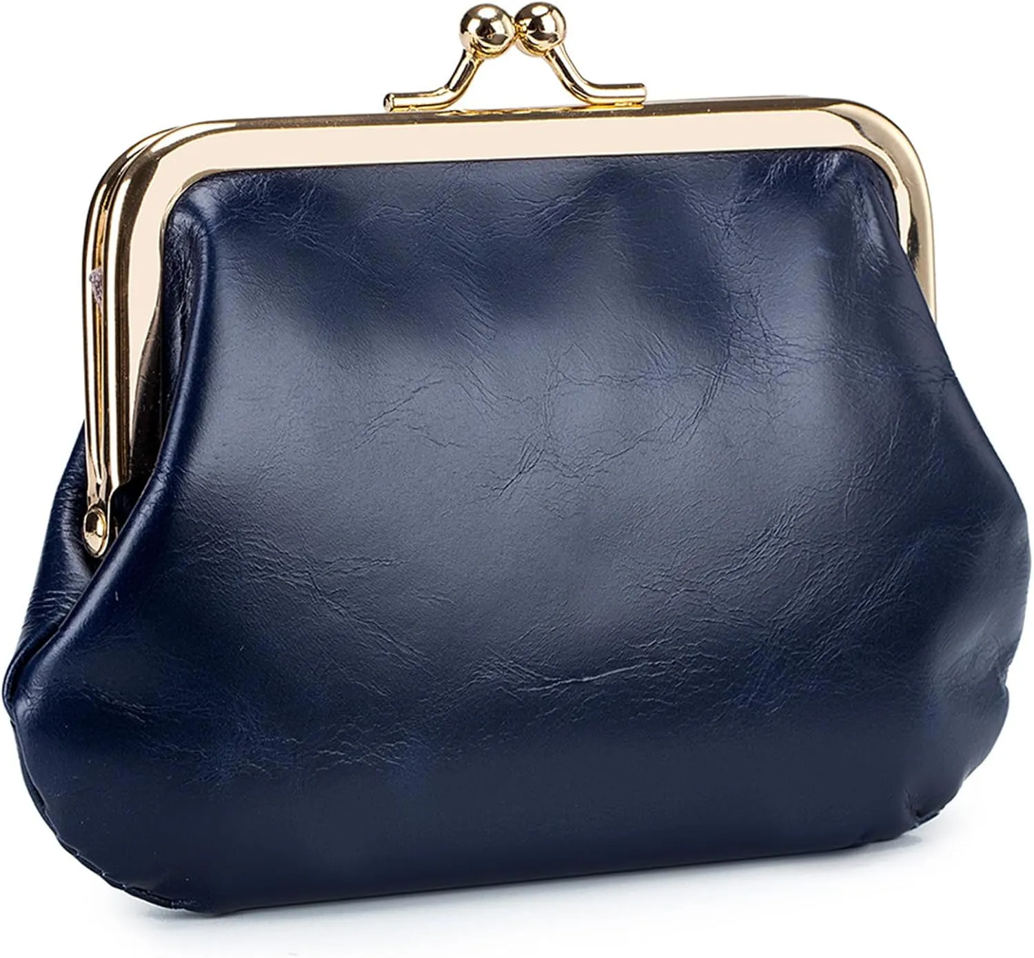 Compartment Kiss Lock Coin Purses with Card Slot Vintage Genuine Leather Mini Coin Pouch Women Small Change Purse (Blue 2)