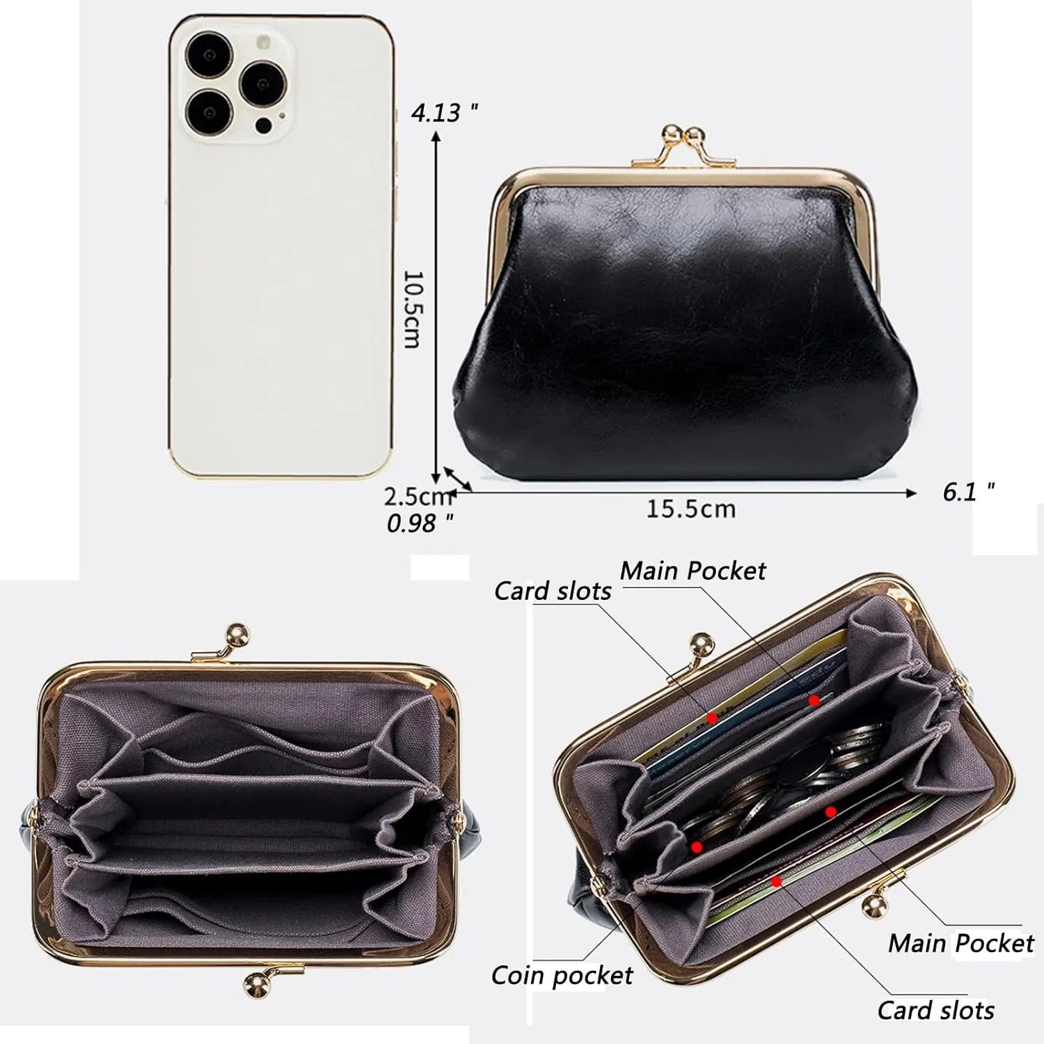Compartment Kiss Lock Coin Purses with Card Slot Vintage Genuine Leather Mini Coin Pouch Women Small Change Purse (Blue 2)