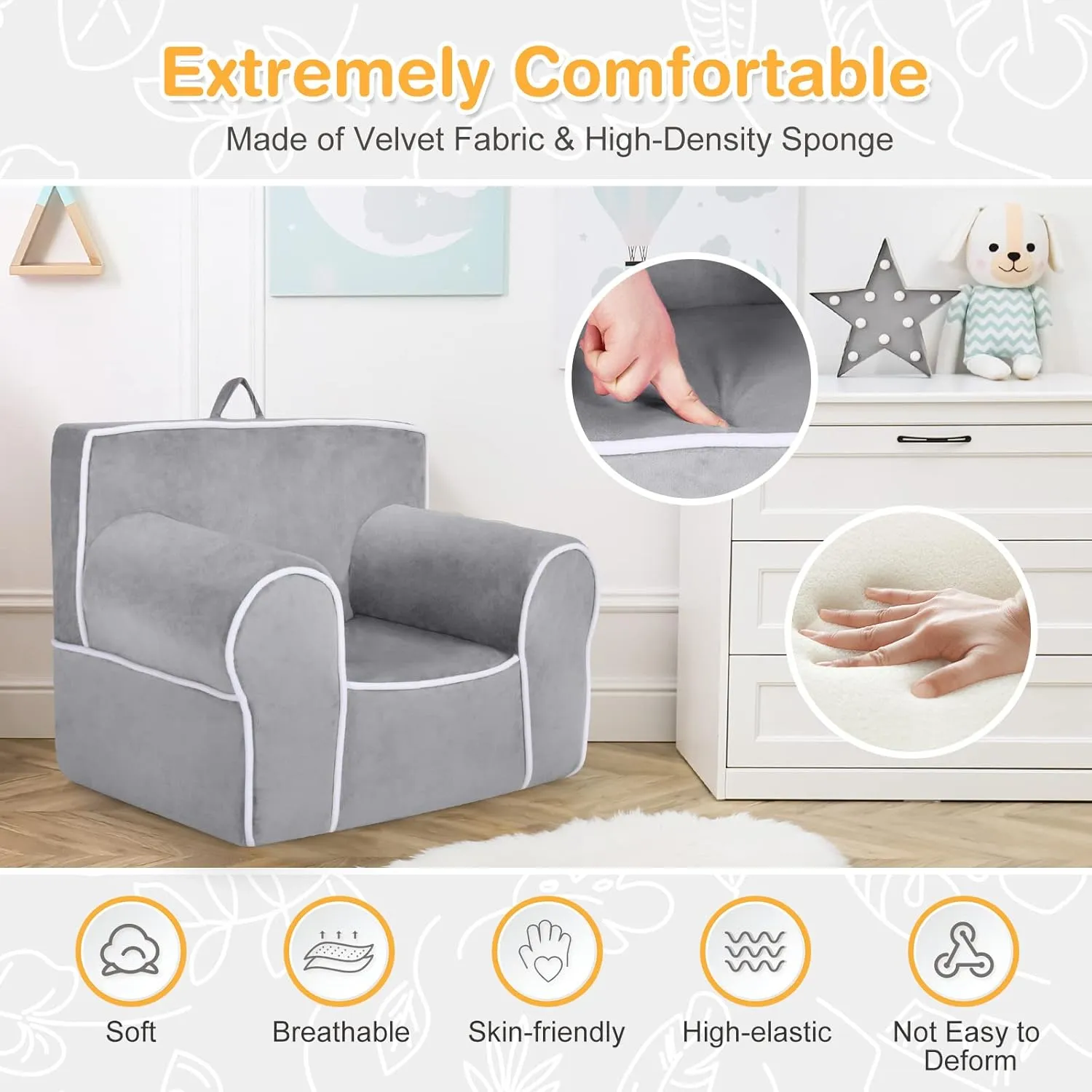 Costzon Kids Couch, Toddler Soft Sofa Chair w/Removable & Washable Velvet Surface for Preschool, Play Room, Nursery, Kindergarten, Toddler Sofa Couch for 0-5 Year Old Boys Girls Birthday Gift (Gray)