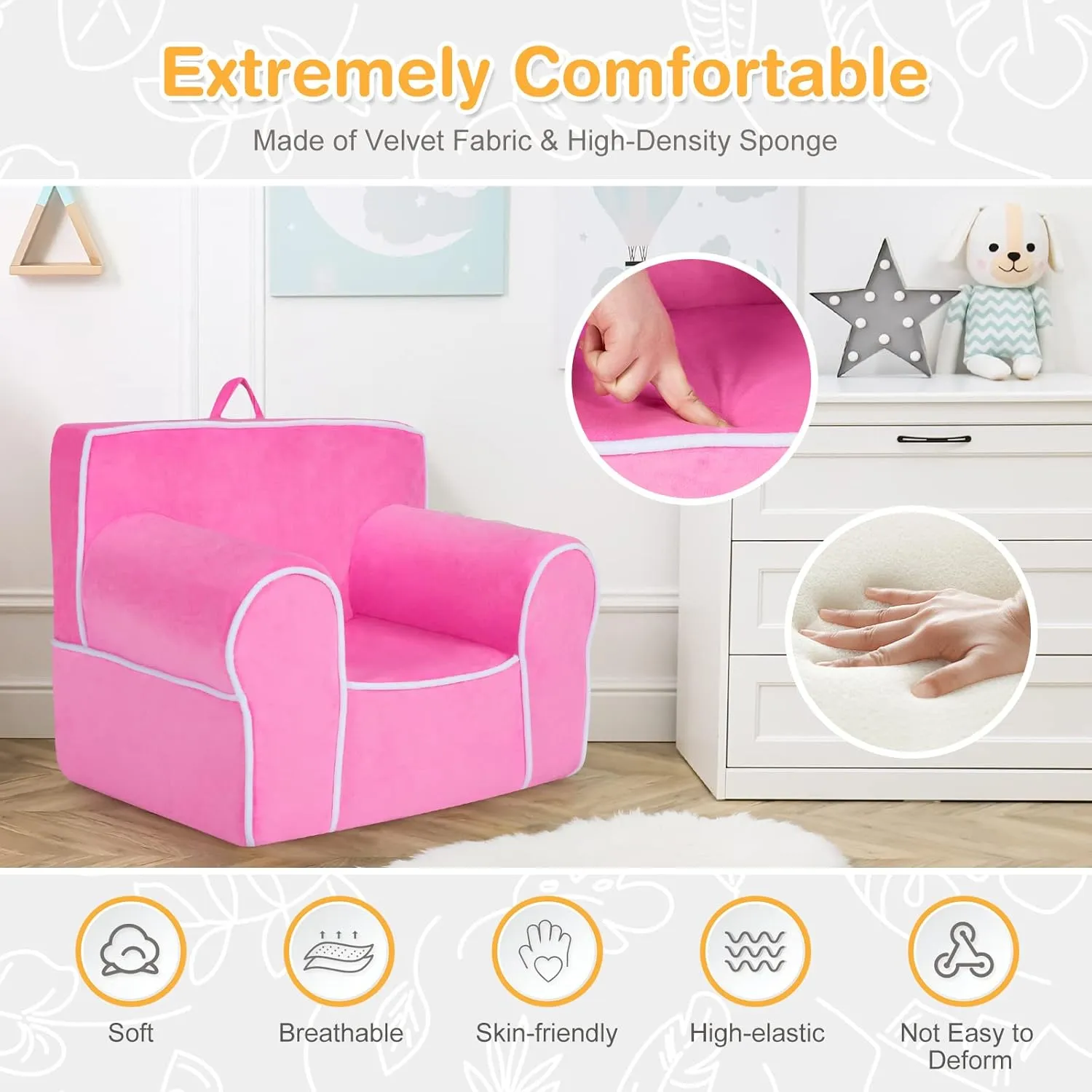 Costzon Kids Couch, Toddler Soft Sofa Chair w/Removable & Washable Velvet Surface for Preschool, Play Room, Nursery, Kindergarten, Toddler Sofa Couch for 0-5 Year Old Boys Girls Birthday Gift (Pink)