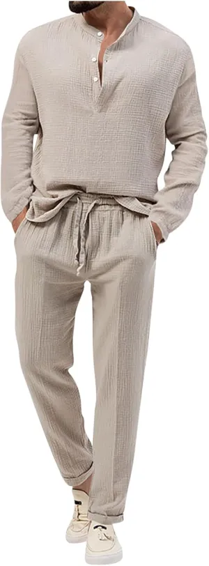 Cotton Linen Sets for Men 2 Piece Button Down Shirt Long Sleeve Drawstring Waist Pants Fall Fashion Outfits 2023