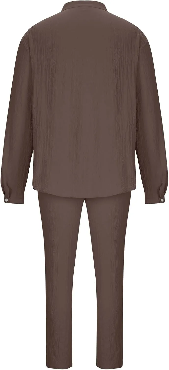 Cotton Linen Sets for Men 2 Piece Button Down Shirt Long Sleeve Drawstring Waist Pants Fall Fashion Outfits 2023