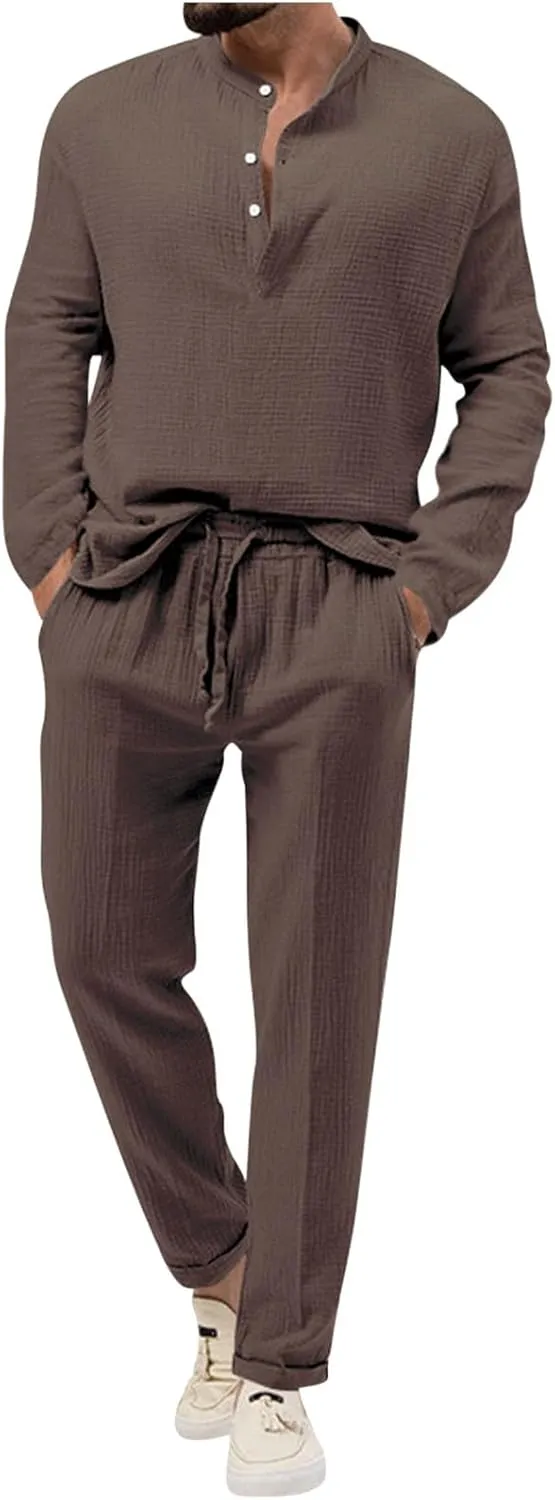 Cotton Linen Sets for Men 2 Piece Button Down Shirt Long Sleeve Drawstring Waist Pants Fall Fashion Outfits 2023
