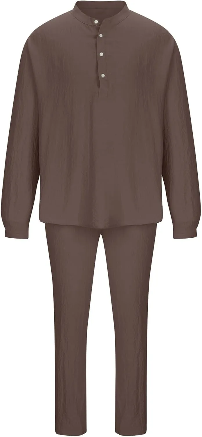 Cotton Linen Sets for Men 2 Piece Button Down Shirt Long Sleeve Drawstring Waist Pants Fall Fashion Outfits 2023