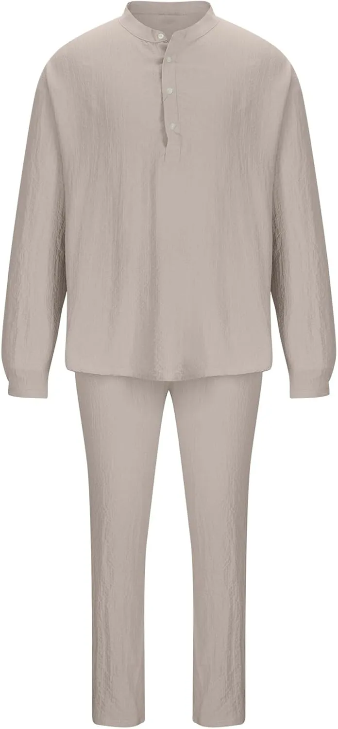 Cotton Linen Sets for Men 2 Piece Button Down Shirt Long Sleeve Drawstring Waist Pants Fall Fashion Outfits 2023