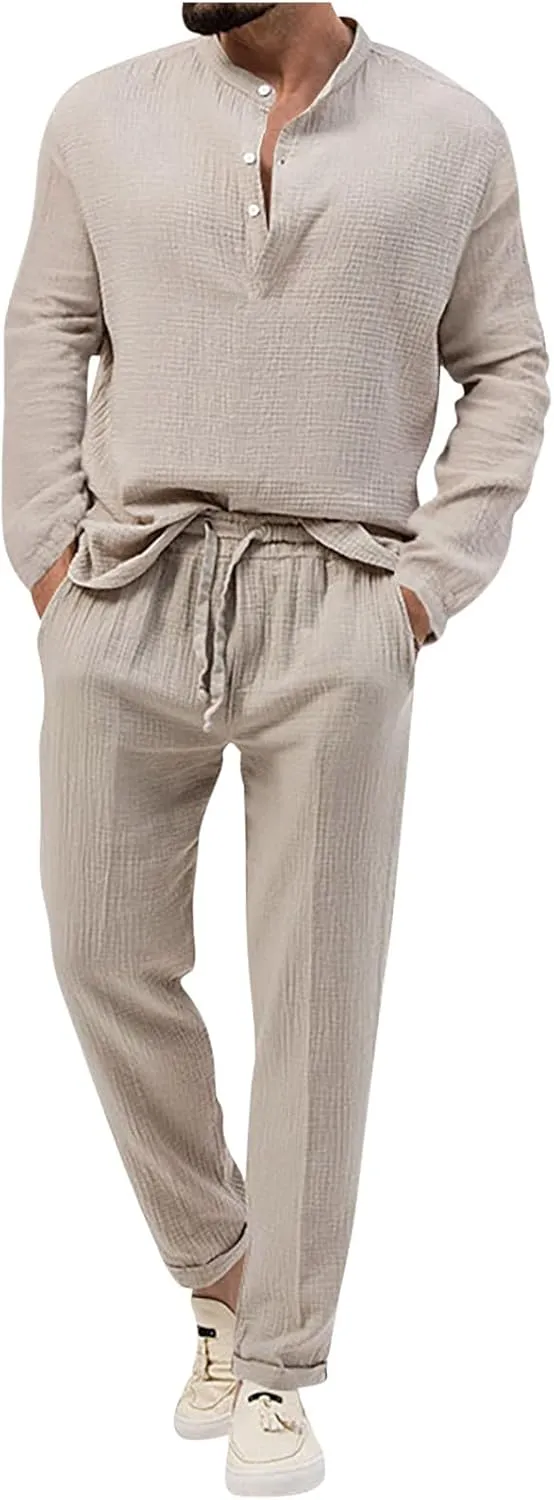 Cotton Linen Sets for Men 2 Piece Button Down Shirt Long Sleeve Drawstring Waist Pants Fall Fashion Outfits 2023