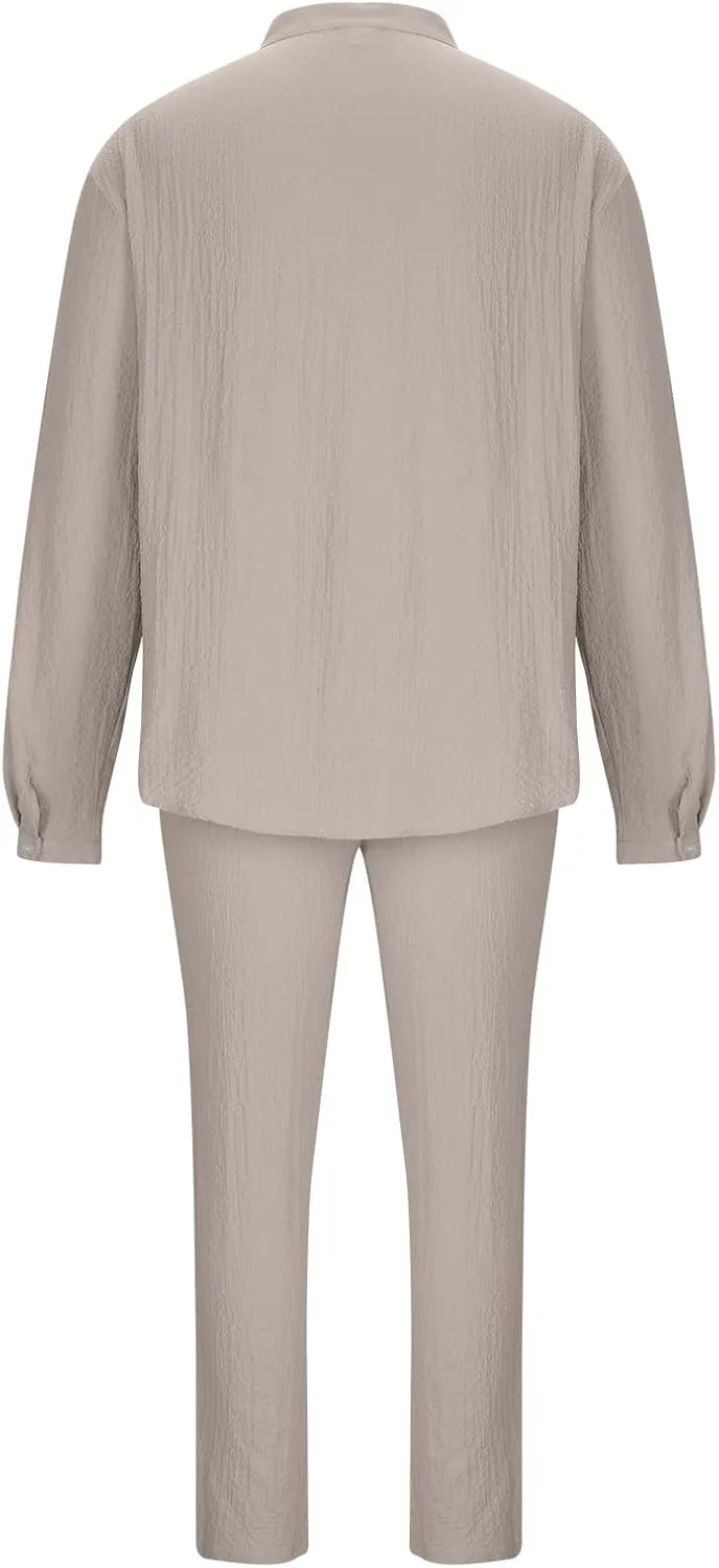 Cotton Linen Sets for Men 2 Piece Button Down Shirt Long Sleeve Drawstring Waist Pants Fall Fashion Outfits 2023