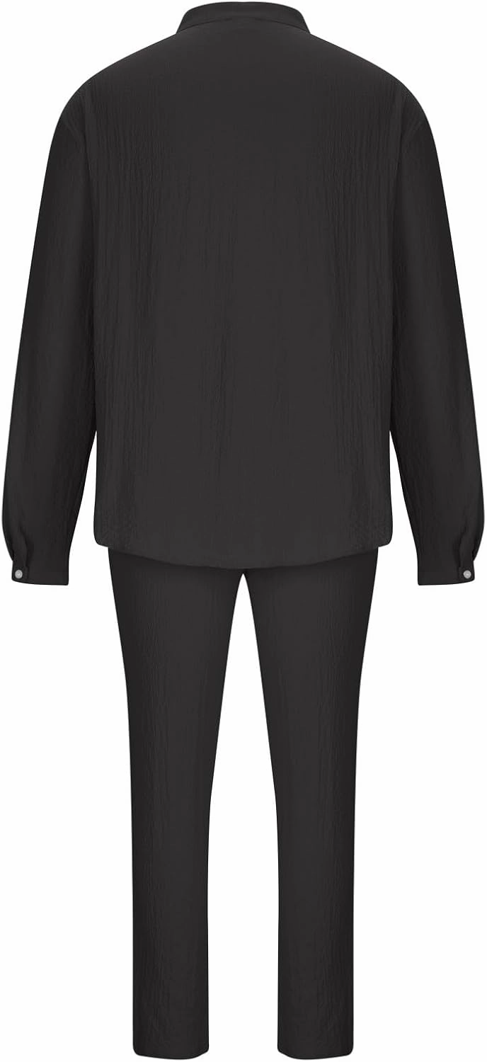 Cotton Linen Sets for Men 2 Piece Button Down Shirt Long Sleeve Drawstring Waist Pants Fall Fashion Outfits 2023