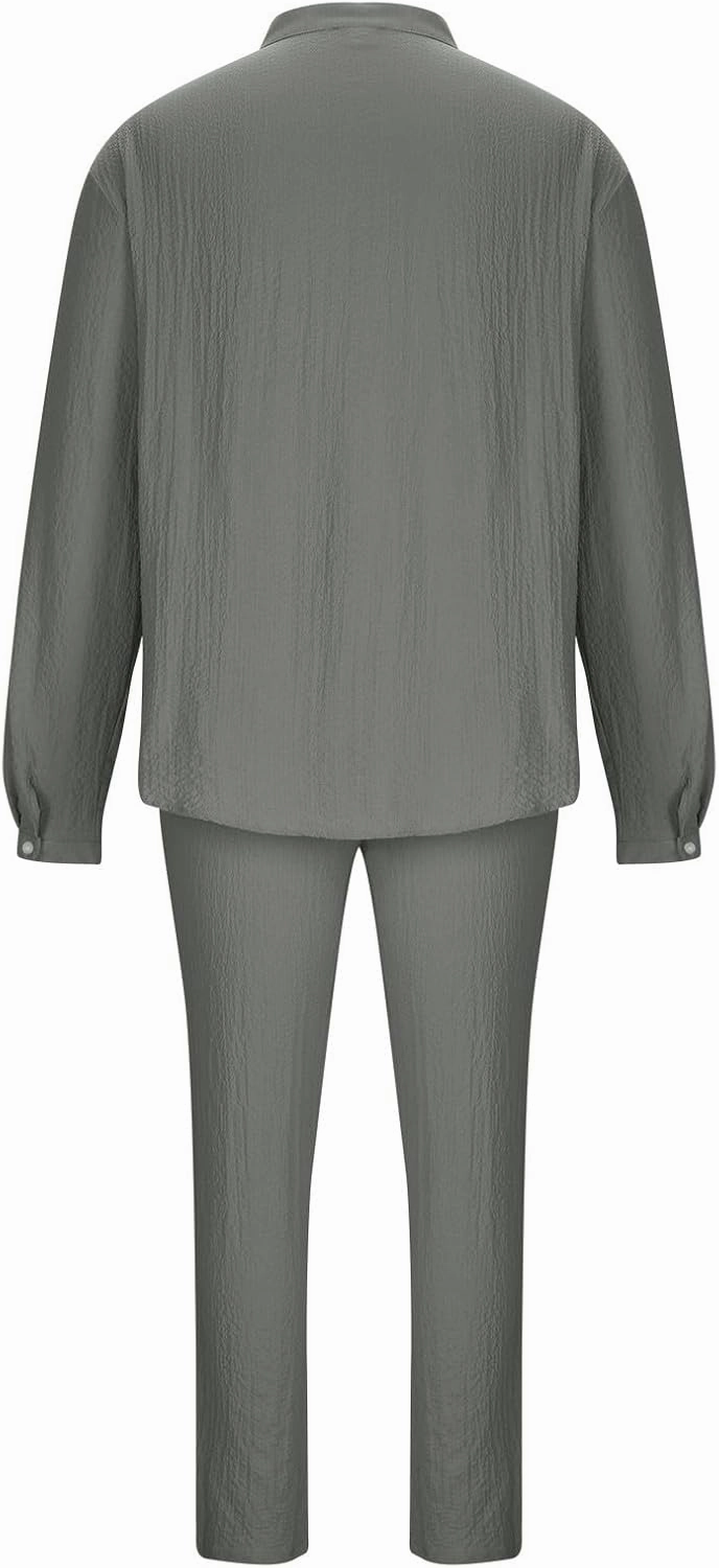 Cotton Linen Sets for Men 2 Piece Button Down Shirt Long Sleeve Drawstring Waist Pants Fall Fashion Outfits 2023