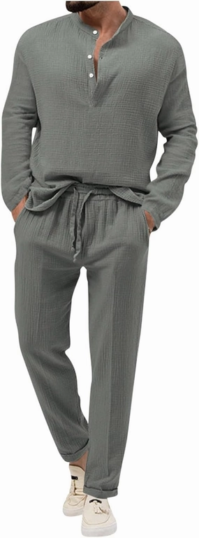 Cotton Linen Sets for Men 2 Piece Button Down Shirt Long Sleeve Drawstring Waist Pants Fall Fashion Outfits 2023